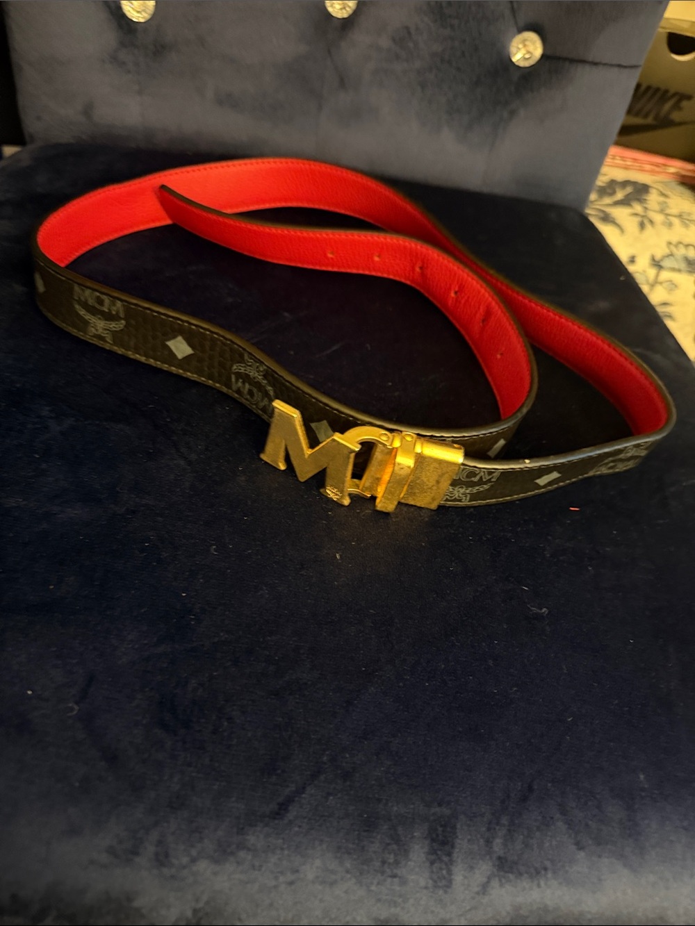 MCM Black Monogram Belt with Red Interior and Gold 'M' Buckle
